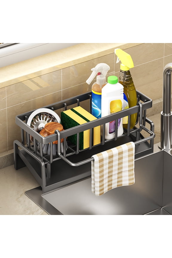 Sponge Holder Kitchen Sink Organizer with Auto Draining Tray, Adjustable Towel Hanging Rod, Large Storage Space for Sponges Brushes Soap, White and Gray, 23x11x9cm (No Assembly)