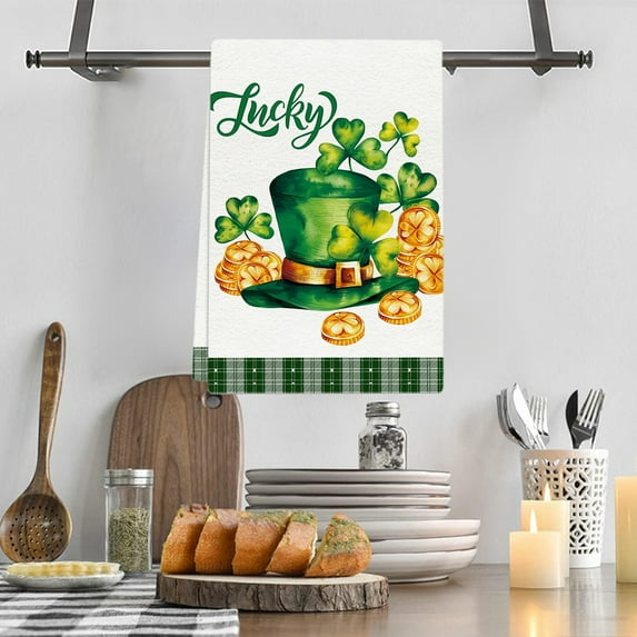RuiJiao St. Patrick's Day Kitchen Towel, Green Lucky Clovers Polyester Dish Towel, 18x26 Inch Absorbent and Durable Cloth for Home Decor, Multicolor Holiday Decorative Towel