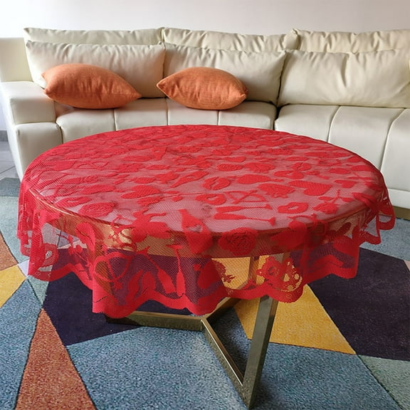 RuiJiao Valentine's Day Round Tablecloth 102cm Red Polyester Romantic Heart Design for Wedding Party Picnic Home Decor