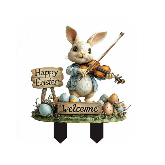 RuiJiao Violin Bunny Stake Decoration, Acrylic Bird Butterfly Garden Ground Insert Decor, Outdoor Yard Lawn Pathway Patio Art Ornaments, Gifts for Mom
