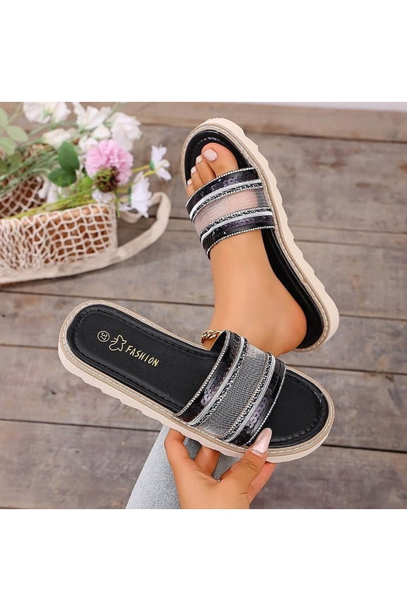 Women's Breathable Mesh Sequin Slide Sandals, Comfortable Summer Beach Casual Slippers in Gold and Black