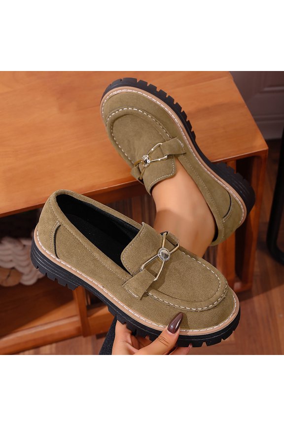 Women's Casual Loafers Round Toe Thick Heel Comfortable Slip-On Frosted Suede Shoes in Mustard, Olive, Coffee