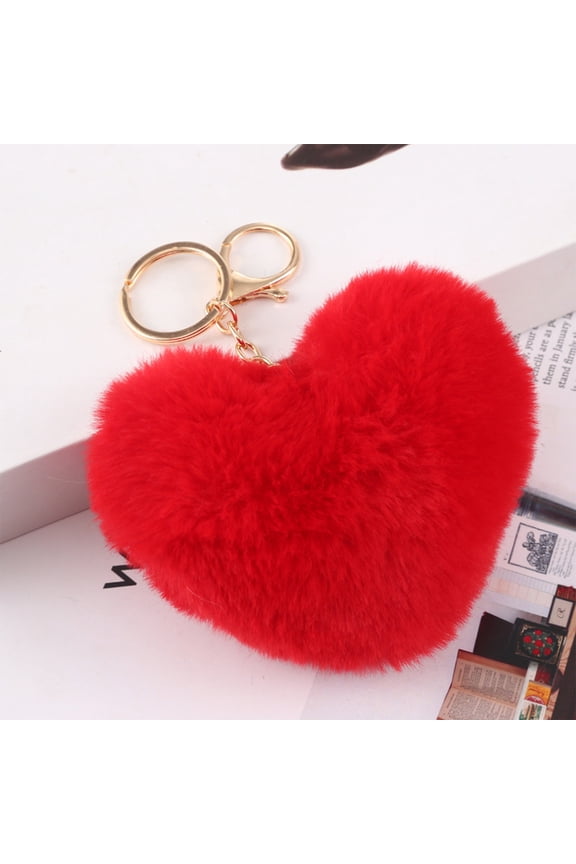 Women's Heart Key Chain, Artificial Fur Ball Key Chain, Red Heart Plush Key Ring, Backpack Pendant Charm Girl