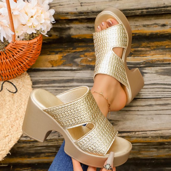 RuiJiao Women's Plus Size Peep-Toe Block Heel Sandals with Woven Upper in Gold/Black for Beach Casual Wear
