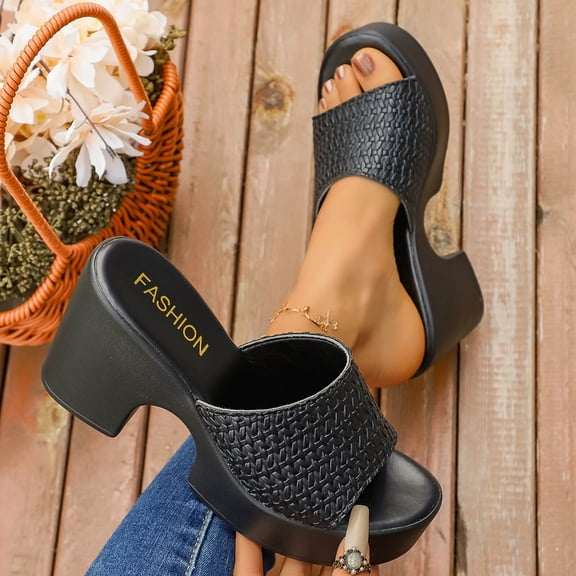 RuiJiao Women's Plus Size Peep-Toe Woven Sandals with Block Heel Comfortable Beach Casual Fashion Footwear in Metallic Gold or Black