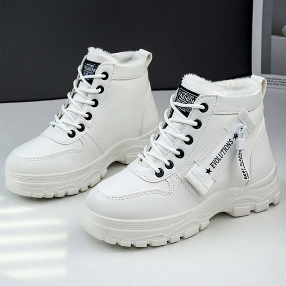 RuiJiao Women's Waterproof Chunky Sole Winter Boots Synthetic Leather Lace-Up Mid-Calf Thermal Insulated Shoes for Outdoor and Casual Wear, Beige/Black/White