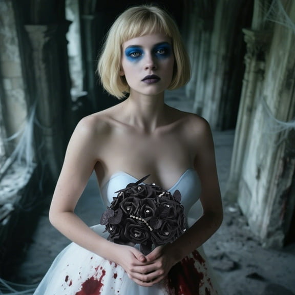 RuiJiao Gift Black Artificial Flowers Goth Artificial Bloody Roses Flower Bouquet Set, Skull Flower Bouquet Day Home Decoration, Wedding Decor Flower Bouquet