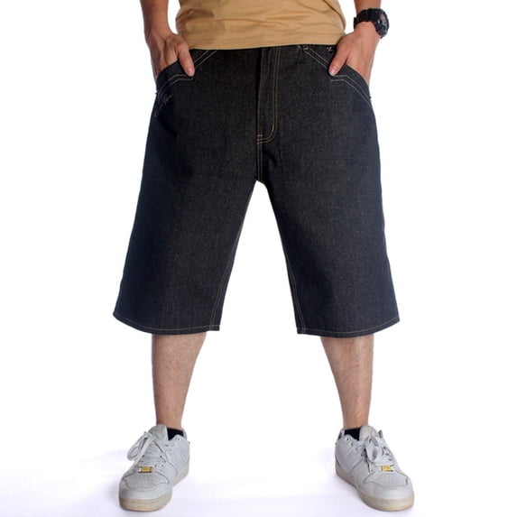 Ruiatoo Baggy Jeans Shorts for Men Denim Hip Hop Loose Fashion Skateboard Pants Black (008-1,Size 38)