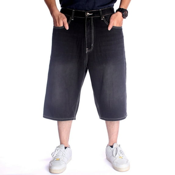 Ruiatoo Baggy Jeans Shorts for Men Denim Hip Hop Loose Fashion Skateboard Pants Black (024-1,Size 42)