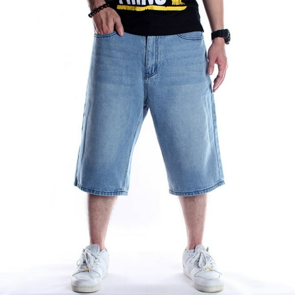 Ruiatoo Baggy Jeans Shorts for Men Denim Hip Hop Loose Fashion Skateboard Pants Blue (022-1,Size 42)