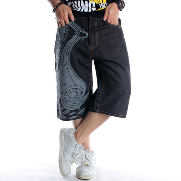 Ruiatoo Baggy Jeans Shorts for Men Denim Hip Hop Loose Fashion Skateboard Pants with Embroidery Black (033-1,Size 38)