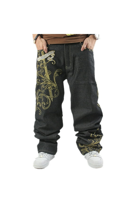 Baggy Jeans for Men Classic Relaxed Fit Vintage Hip Hop Skateboard Pants with Embroidery 01 Black Size 34