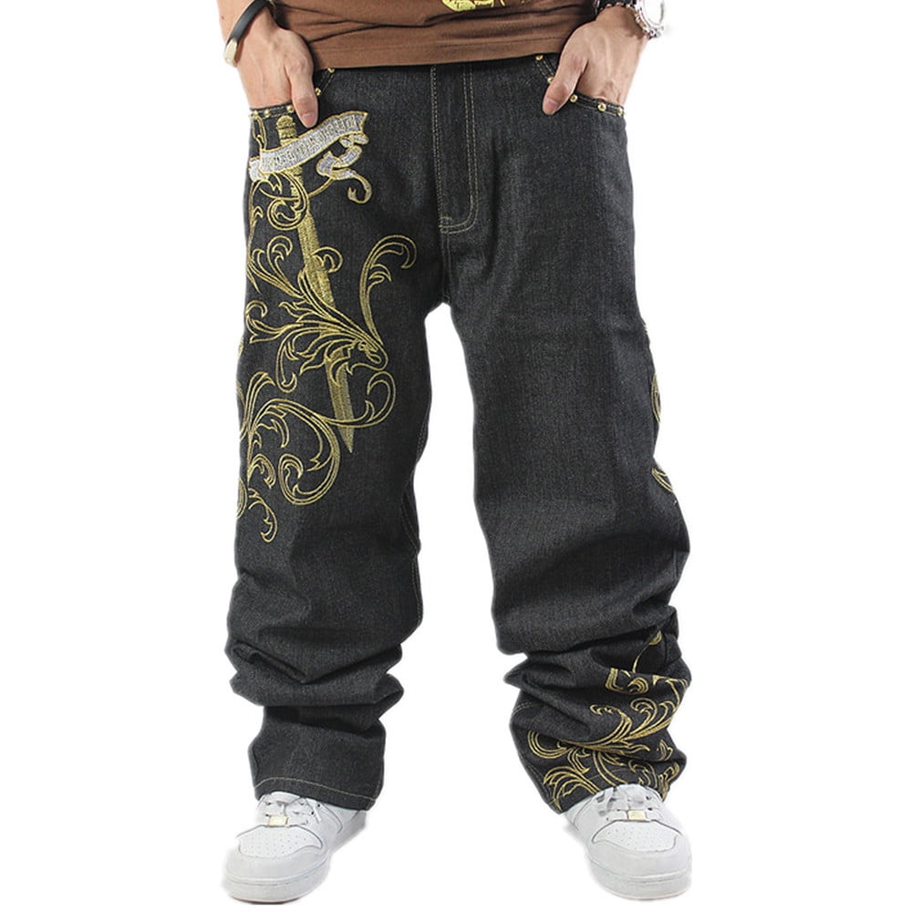 Ruiatoo Baggy Jeans for Men Classic Relaxed Fit Vintage Hip Hop Skateboard  Pants with Embroidery 01 Black Size 36