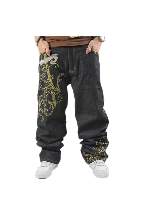 Baggy Jeans for Men Classic Relaxed Fit Vintage Hip Hop Skateboard Pants with Embroidery 01 Black Size 40