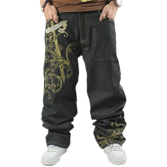 Ruiatoo Baggy Jeans for Men Classic Relaxed Fit Vintage Hip Hop Skateboard Pants with Embroidery 01 Black Size 42