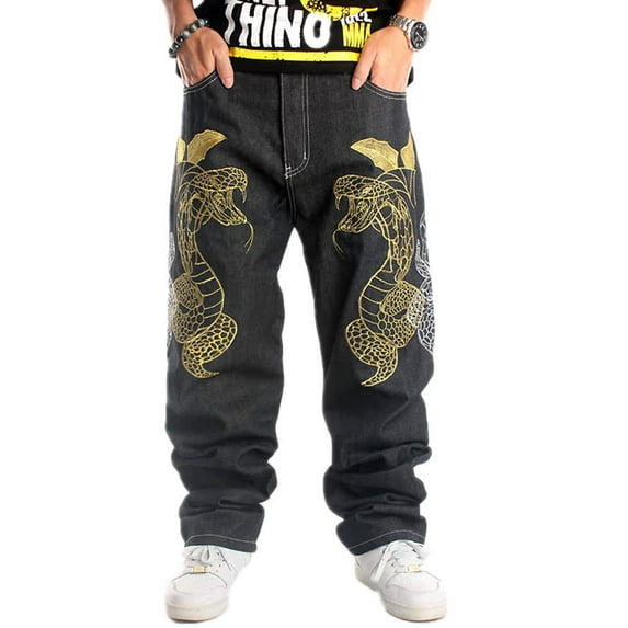 Ruiatoo Baggy Jeans for Men Classic Relaxed Fit Vintage Hip Hop Skateboard Pants with Embroidery 019 Black Size 42