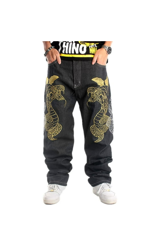 Baggy Jeans for Men Classic Relaxed Fit Vintage Hip Hop Skateboard Pants with Embroidery 019 Black Size 44