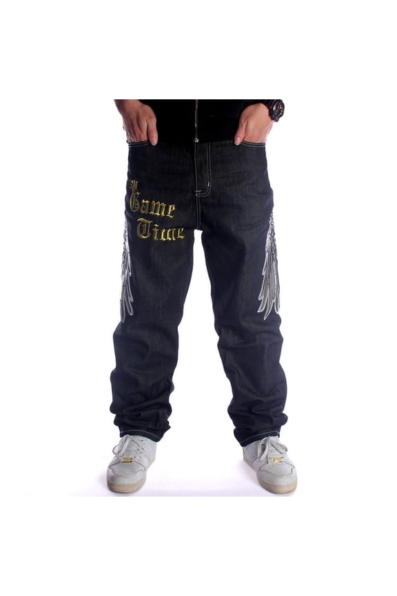 Baggy Jeans for Men Classic Relaxed Fit Vintage Hip Hop Skateboard Pants with Embroidery 020 Black Size 44