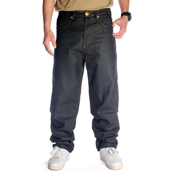 Ruiatoo Baggy Jeans for Men Classic Relaxed Fit Vintage Hip Hop Skateboard Pants with Embroidery 021 Black Size 30