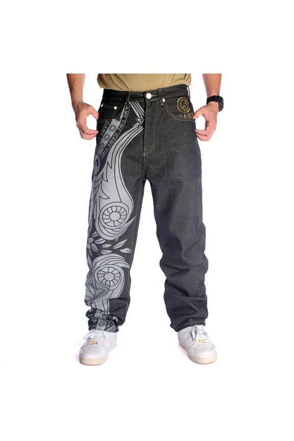 Baggy Jeans for Men Classic Relaxed Fit Vintage Hip Hop Skateboard Pants with Embroidery C033 Black Size 42