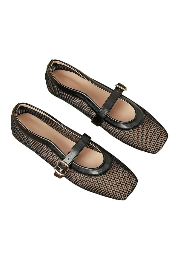 Comfy Fishnet Ballerina Flat Shoes for Women - Mesh Ballet Flats with Buckle Strap for Casual, Office Wear Black 36