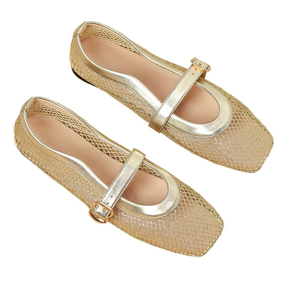 Ruiatoo Comfy Fishnet Ballerina Flat Shoes for Women - Mesh Ballet Flats with Buckle Strap for Casual, Office Wear Gold 44