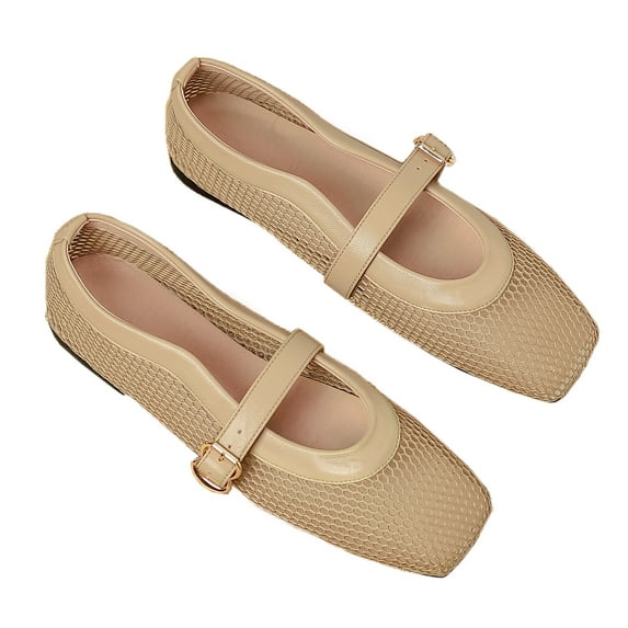 Ruiatoo Comfy Fishnet Ballerina Flat Shoes for Women - Mesh Ballet Flats with Buckle Strap for Casual, Office Wear Khaki 36