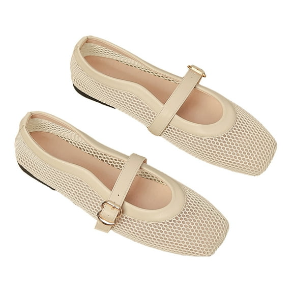 Ruiatoo Comfy Fishnet Ballerina Flat Shoes for Women - Mesh Ballet Flats with Buckle Strap for Casual, Office Wear Off-white 38