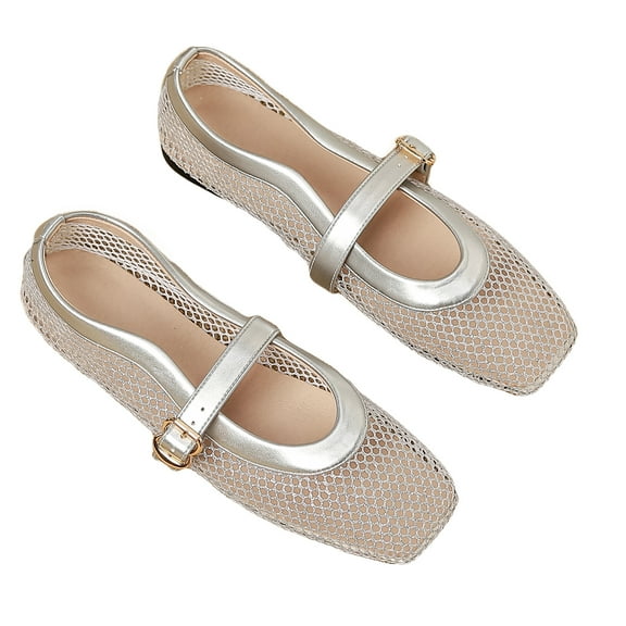Ruiatoo Comfy Fishnet Ballerina Flat Shoes for Women - Mesh Ballet Flats with Buckle Strap for Casual, Office Wear Sliver 39