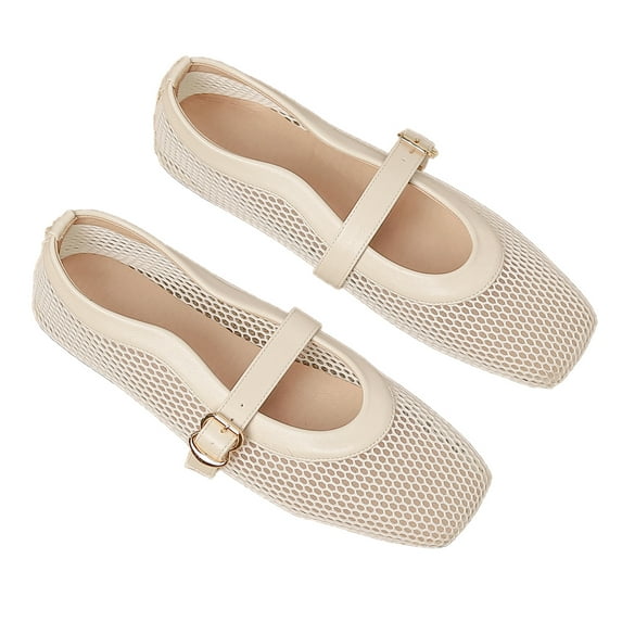 Ruiatoo Comfy Fishnet Ballerina Flat Shoes for Women - Mesh Ballet Flats with Buckle Strap for Casual, Office Wear White 44