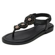 Ruiatoo Flats Sandals for Women Bohemia T-strap Summer Ladies Comfort Dressy Sandals with Rhinestone (870-16, Black 38)