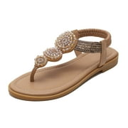 Ruiatoo Flats Sandals for Women Bohemia T-strap Summer Ladies Comfort Dressy Sandals with Rhinestone (870-16, Khaki 41)