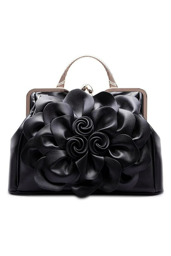 Handbag for Women Flower Fashion Satchel Tote PU Leather Evening Shoulder Bags with Strap for Party Black