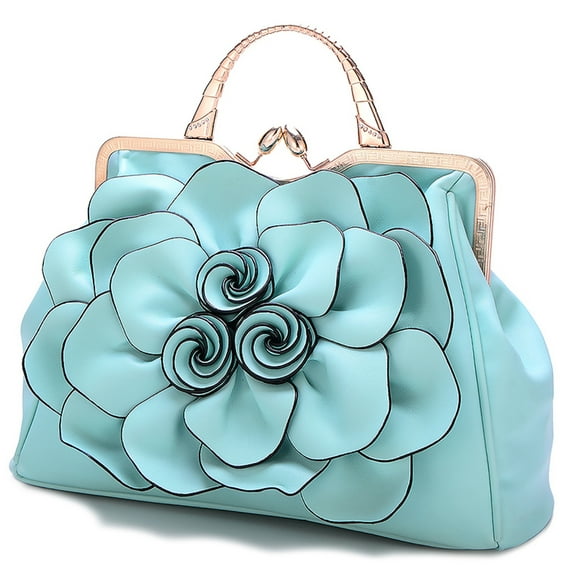 Ruiatoo Handbag for Women Flower Fashion Satchel Tote PU Leather Evening Shoulder Bags with Strap for Party Light-blue