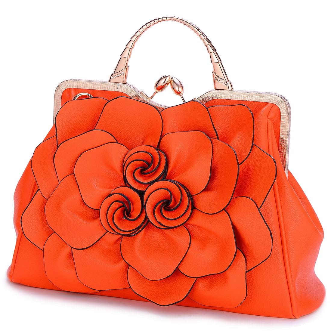 Ruiatoo Handbag for Women Flower Fashion Satchel Tote PU Leather Evening Shoulder Bags with Strap for Party Orange