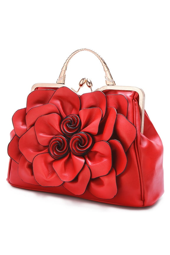Handbag for Women Flower Fashion Satchel Tote PU Leather Evening Shoulder Bags with Strap for Party Red