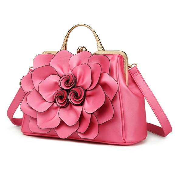 Ruiatoo Handbag for Women Flower Fashion Satchel Tote PU Leather Evening Shoulder Bags with Strap for Party Rose Red