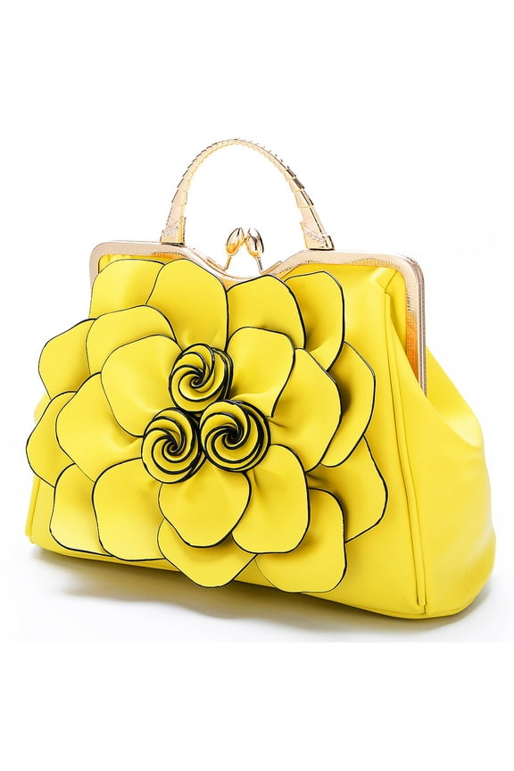 Handbag for Women Flower Fashion Satchel Tote PU Leather Evening Shoulder Bags with Strap for Party Yellow