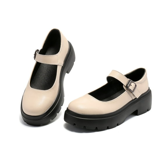 Ruiatoo Mary Janes Shoes for Women Platform Low Heel Chunky Pumps Round Toe Oxford Dress Shoes Beige 37
