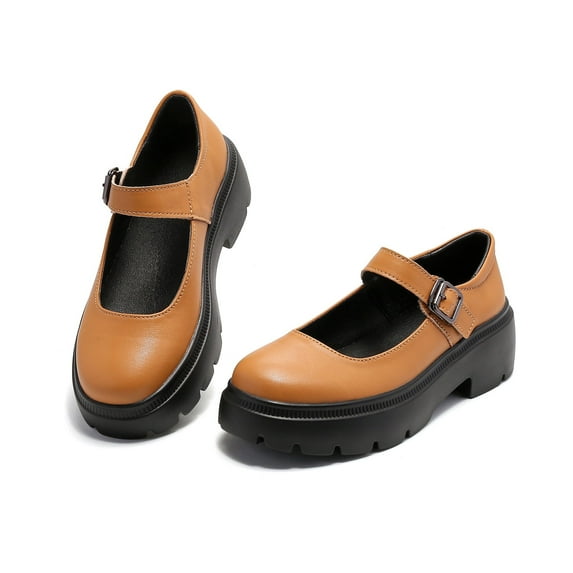 Ruiatoo Mary Janes Shoes for Women Platform Low Heel Chunky Pumps Round Toe Oxford Dress Shoes Brown 37