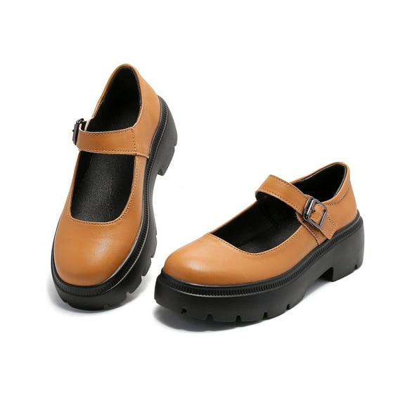 Ruiatoo Mary Janes Shoes for Women Platform Low Heel Chunky Pumps Round Toe Oxford Dress Shoes Brown 38