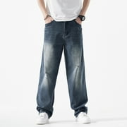 Ruiatoo Mens Baggy Denim Jeans Loose Fit Ripped Distressed Jean Hip Hop Vintage Skater Dance Pants Streetwear Dark Blue 42