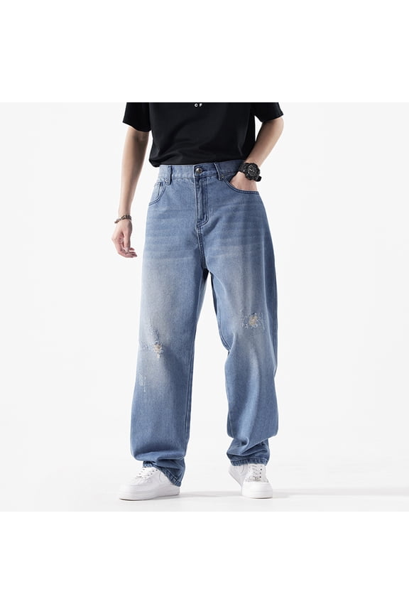 Men's Baggy Denim Jeans Loose Fit Ripped Distressed Jean Hip Hop Vintage Skater Dance Pants Streetwear Light Blue 30