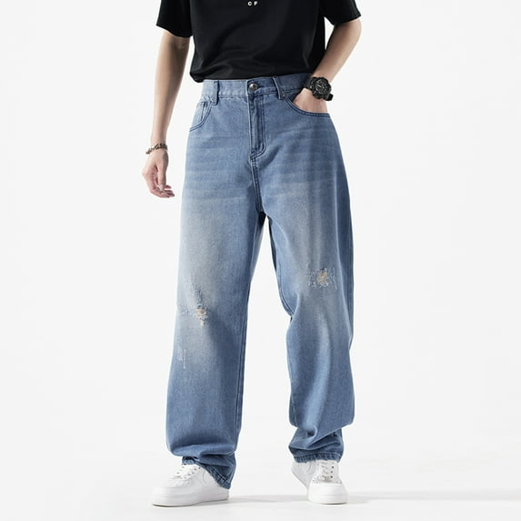 Ruiatoo Men's Baggy Denim Jeans Loose Fit Ripped Distressed Jean Hip Hop Vintage Skater Dance Pants Streetwear Light Blue 32