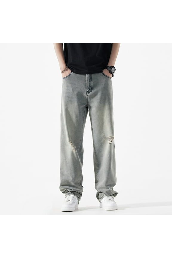 Men's Baggy Denim Jeans Loose Fit Ripped Distressed Jean Hip Hop Vintage Skater Dance Pants Streetwear Yellow Brown 32