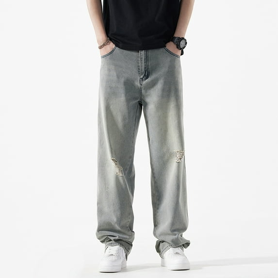 Ruiatoo Men's Baggy Denim Jeans Loose Fit Ripped Distressed Jean Hip Hop Vintage Skater Dance Pants Streetwear Yellow Brown 40