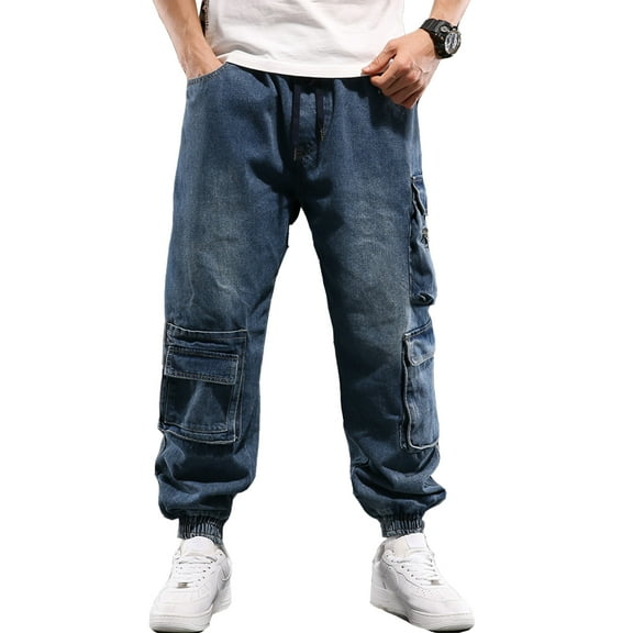 Ruiatoo Men's Denim Work Cargo Pants Outdoor Loose Hip Hop Big & Tall Jeans with Cargo Pockets Blue(9280,Size L)
