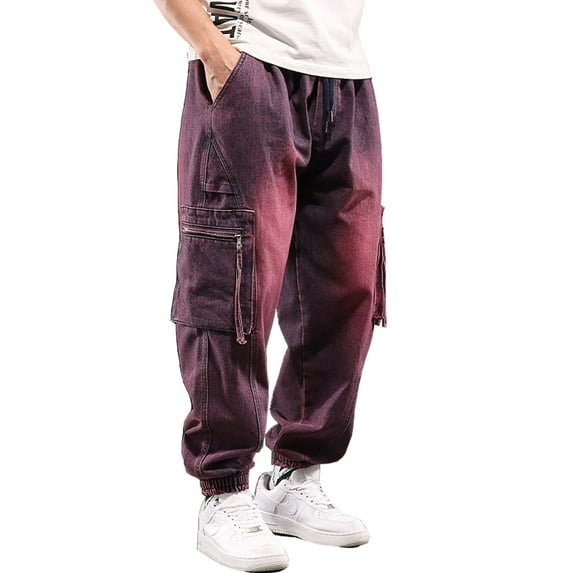 Ruiatoo Men's Denim Work Cargo Pants Outdoor Loose Hip Hop Big & Tall Jeans with Cargo Pockets Purple(5112,Size L)
