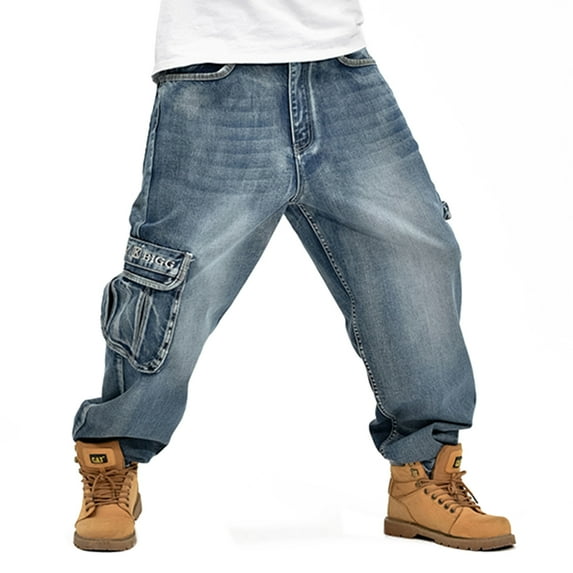 Ruiatoo Men's Jeans Denim Work Cargo Pants Loose Hip Hop Big & Tall Jeans with Cargo Pockets (059, blue 46)