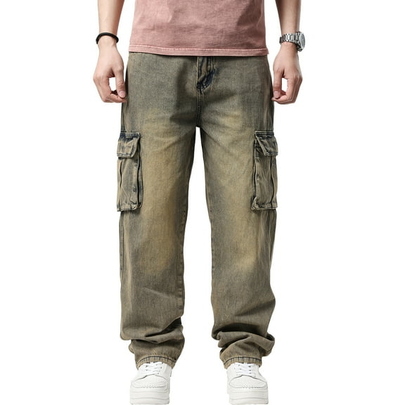 Ruiatoo Men's Jeans Denim Work Cargo Pants Outdoor Loose Hip Hop Big & Tall Jeans with Cargo Pockets(1908,Retro 30)
